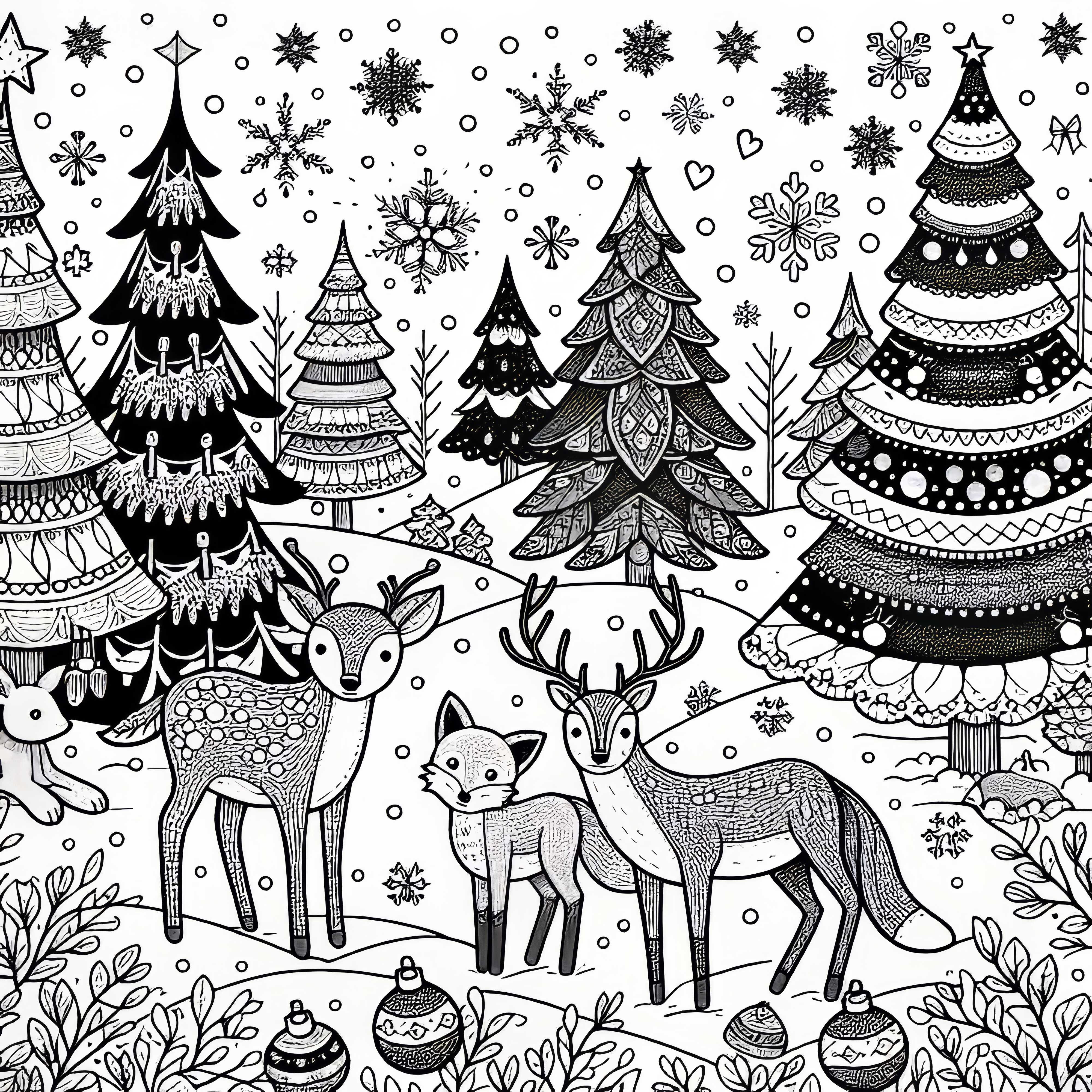 Zimní les se zvířaty: Srnec, liška a králík ve sněhu – Adventní kalendář k vybarvení