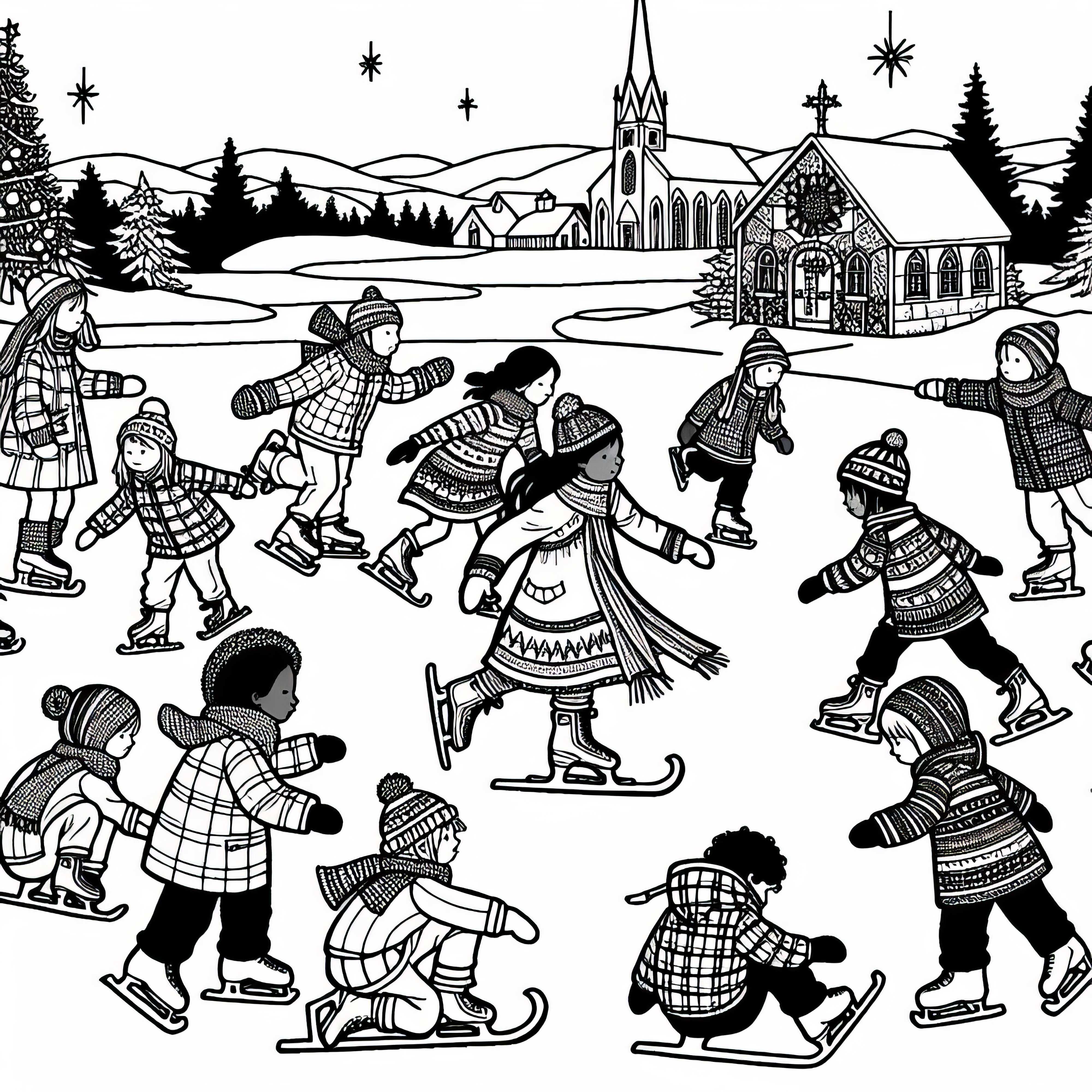 Děti bruslící na zmrzlém jezeře – Adventní kalendář omalovánka zdarma