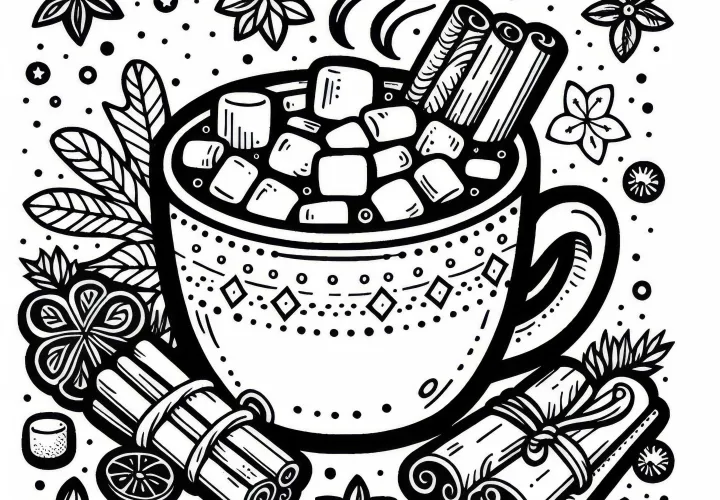 Hrnek s horkou čokoládou, marshmallows a skořicovými tyčinkami – omalovánka pro adventní kalendář