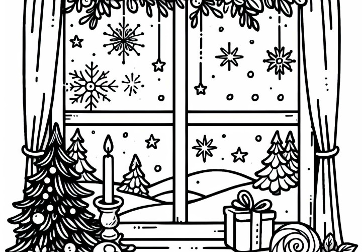 Okno se sněhovými vločkami, svíčkou, hvězdami a adventním kalendářem – obrázek k vybarvení na 15. prosince