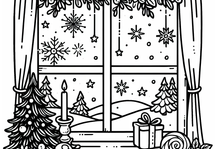 Okno se sněhovými vločkami, svíčkou, hvězdami a adventním kalendářem – obrázek k vybarvení na 15. prosince
