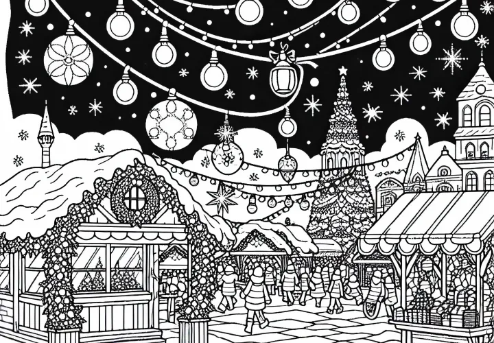 Vánoční trh s vánočními světly a stánky - Adventní kalendář k vybarvení zdarma