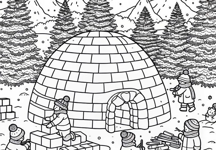 Děti staví iglú v zasněžené zahradě – adventní kalendář omalovánka zdarma