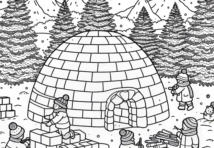 Děti staví iglú v zasněžené zahradě – adventní kalendář omalovánka zdarma