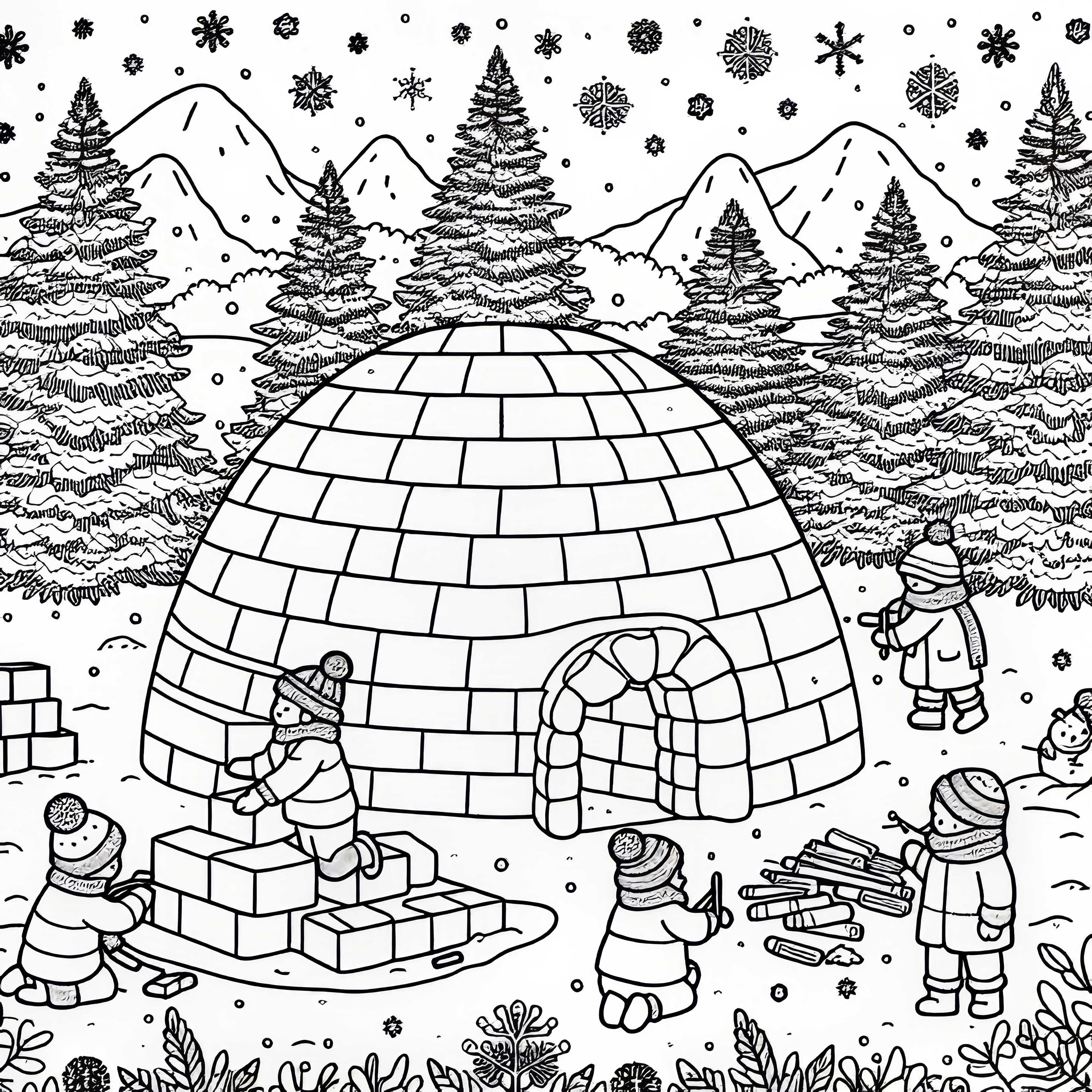Děti staví iglú v zasněžené zahradě – zdarma omalovánka adventního kalendáře