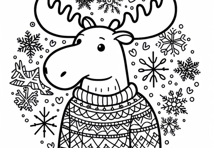 Losos v svetru se sněhovými vločkami v pozadí - Adventní kalendář omalovánka