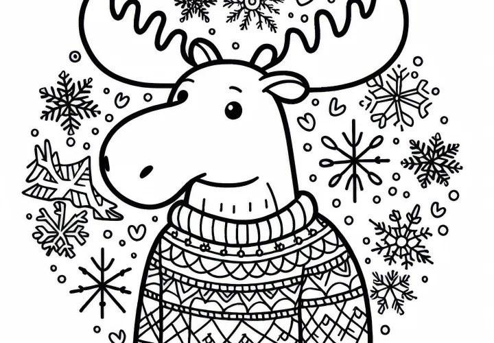 Losos v svetru se sněhovými vločkami v pozadí - Adventní kalendář omalovánka