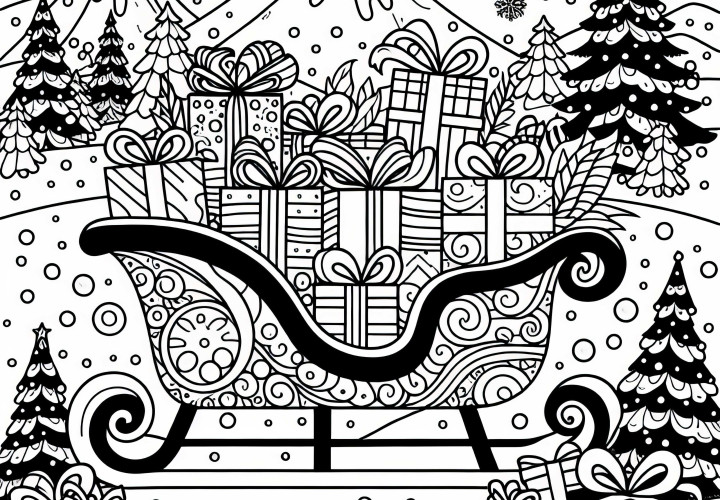 Sněhový pluh s dárky na cestě skrze sníh - zdarma omalovánka adventního kalendáře