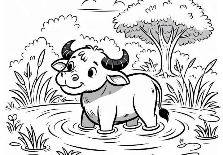 Vannbøffel står til magen i sumpen og kjøler seg ned – Fargeleggingsmal gratis