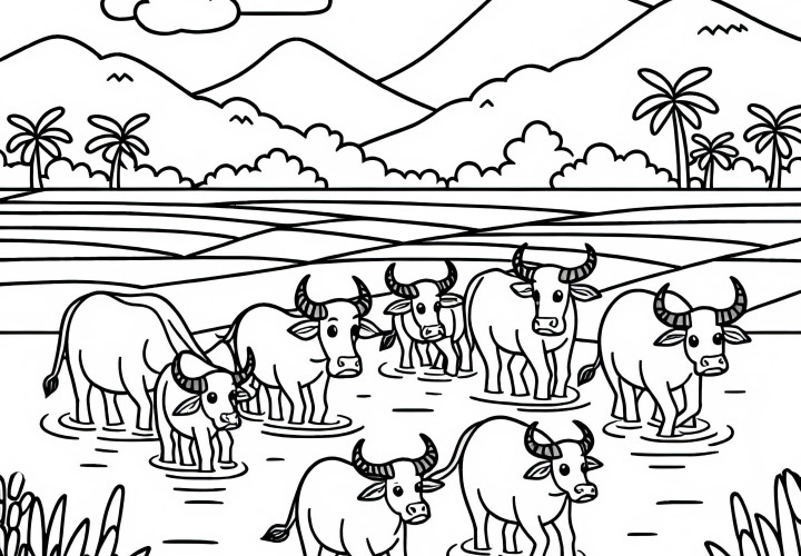 Liten flokk med vannbøfler går gjennom et risfeltlandskap fargelegging enkel gratis