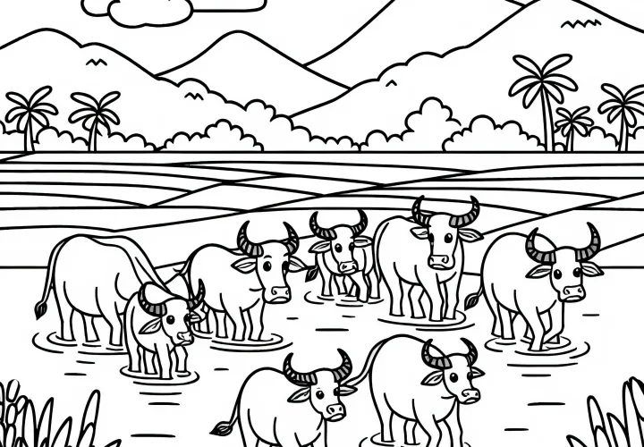 Majhna čreda vodnih bivolov hodi skozi pokrajino riževih polj, barvna predloga, preprosta, brezplačno