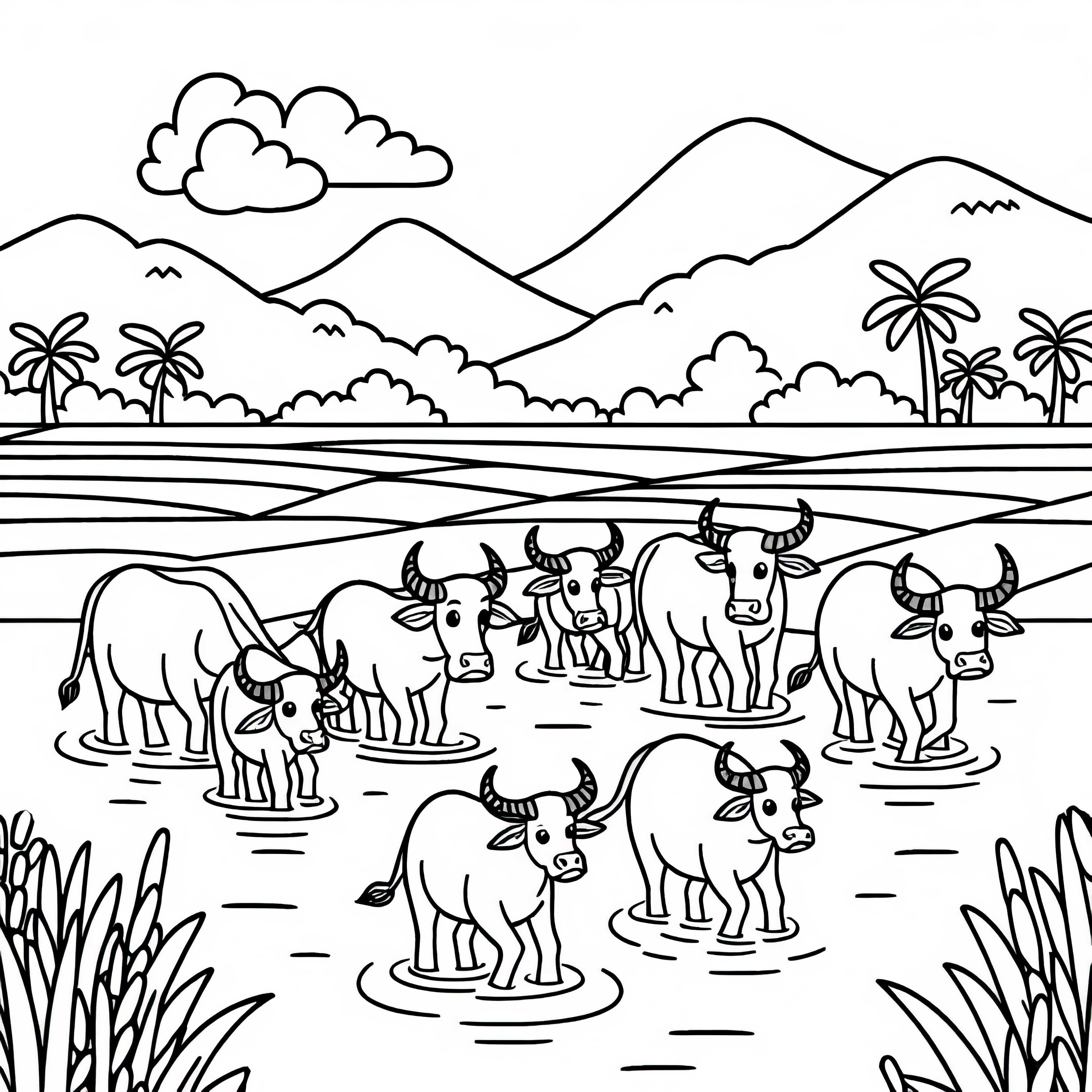 Kleine Herde Wasserb&uuml;ffel L&auml;uft Durch Eine Reisfeldlandschaft Malvorlage Einfach Kostenlos