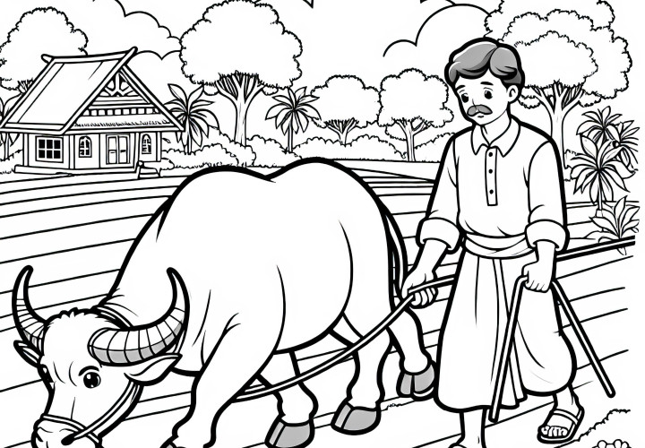 Vannbøffel føres av bønder gjennom markene – Malebilde enkelt og gratis