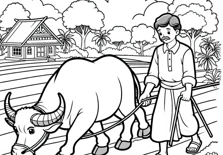 Bisonska voda jo kmetje peljejo po polju - Slika za pobarvanje enostavna in brezplačna