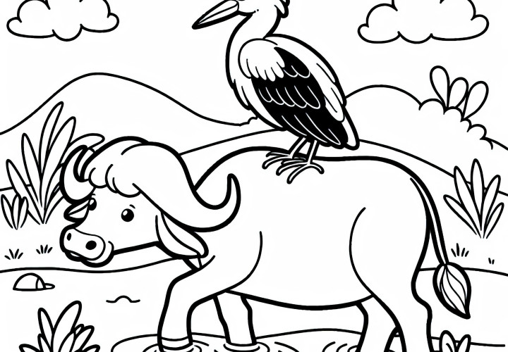 Vannbøffel blir ledsaget av hegre på ryggen – Malebilde enkelt gratis
