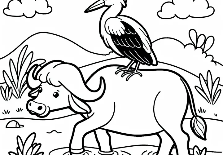 Vodna bivola spremlja čaplja na njegovem hrbtu – brezplačna barvna predloga preprosta