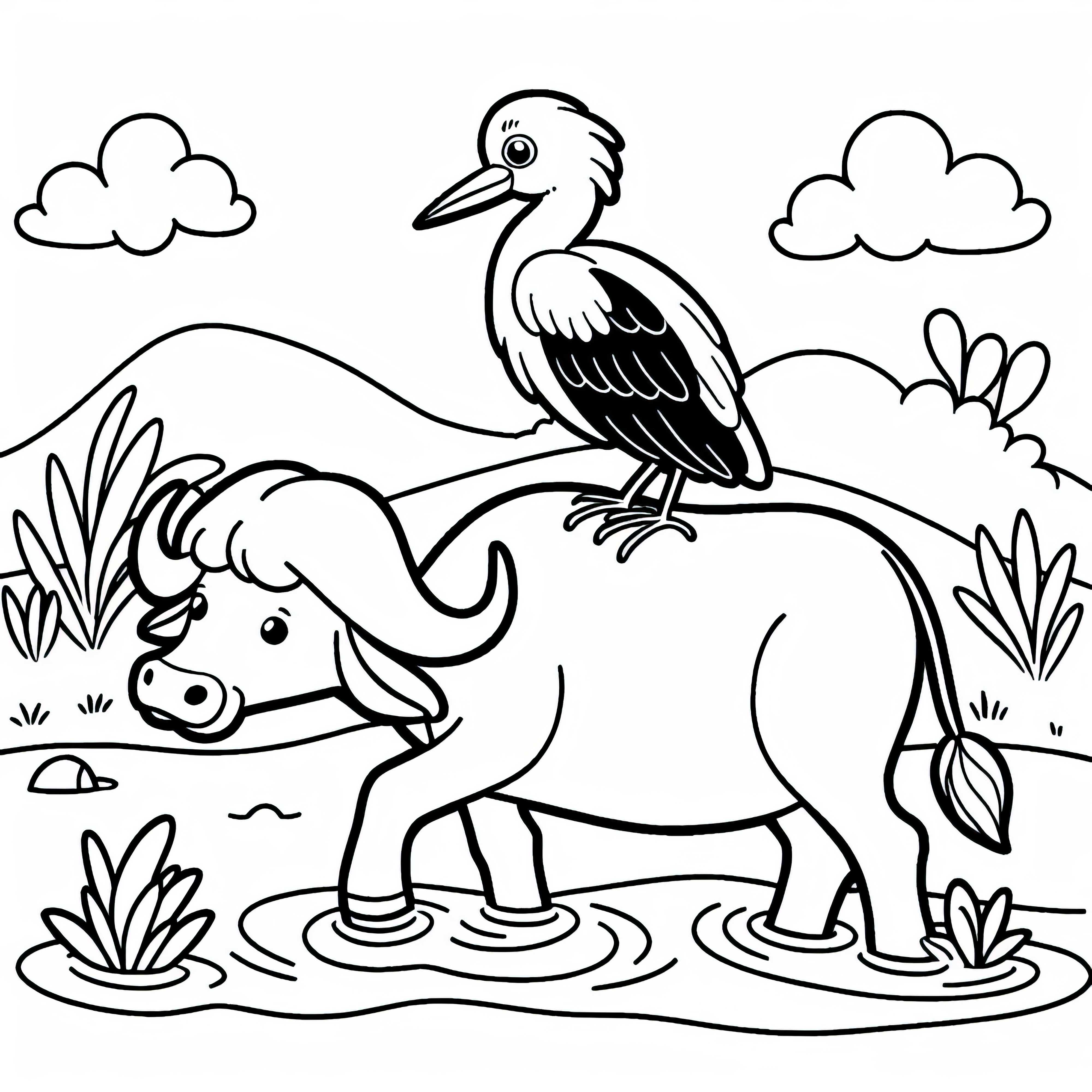 Búfalo de água acompanhado por uma garça em suas costas - Desenho para colorir simples e gratuito Búfalo d'água é acompanhado por garças em seu dorso – Modelo de colorir simples e gratuito
