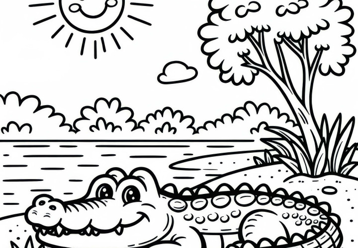 Krokodillen ligger med åpen munn i solen ved elvebredden – Fargeleggingsmal gratis