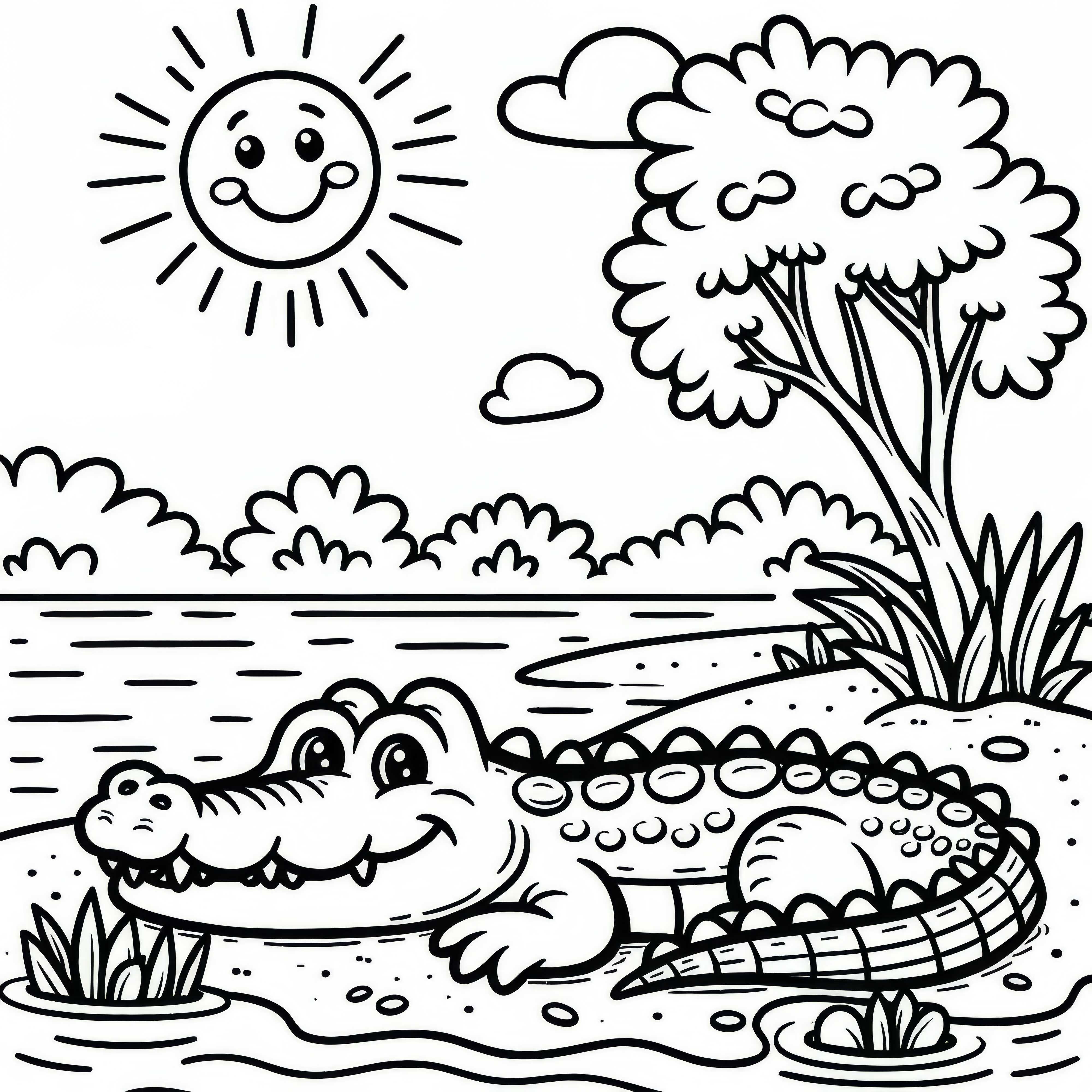 Crocodilo de boca aberta, deitado ao sol na margem do rio - Modelo para colorir simples e grátis O crocodilo está deitado com a boca aberta ao sol na beira do rio – Modelo de colorir simples e grátis