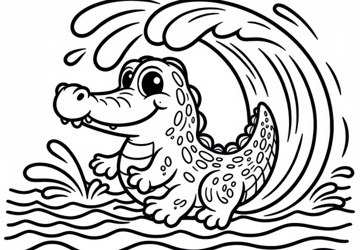 Krokodille slår med sin mektige hale bølger i vannet – fargeleggingsmal gratis