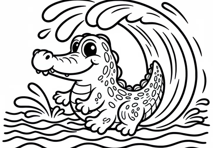 Krokodille slår med sin mektige hale bølger i vannet – fargeleggingsmal gratis