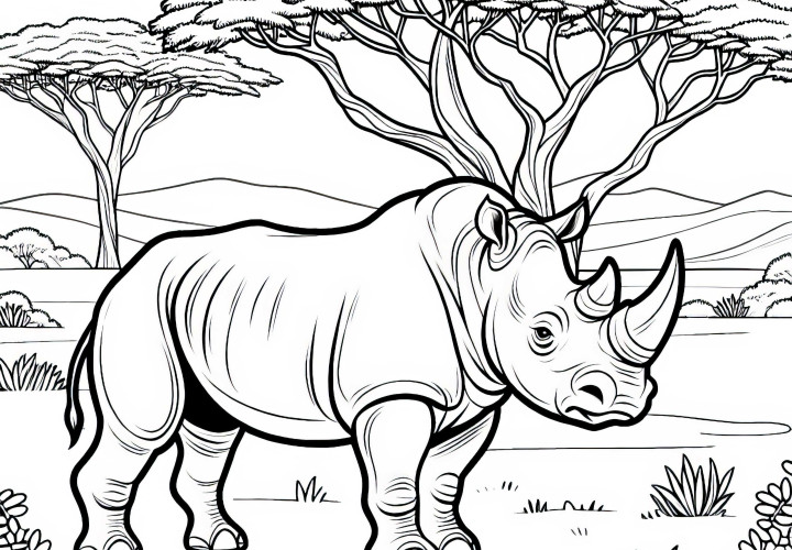 Носорог гордо стоит на саванновом пейзаже с акациями на фоне – бесплатная раскраска