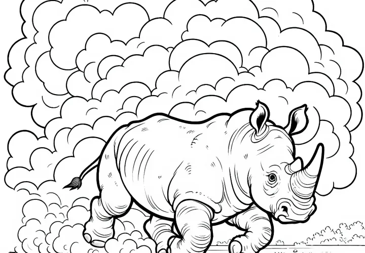 Um rinoceronte está correndo por uma planície empoeirada e levantando areia - desenho para colorir grátis