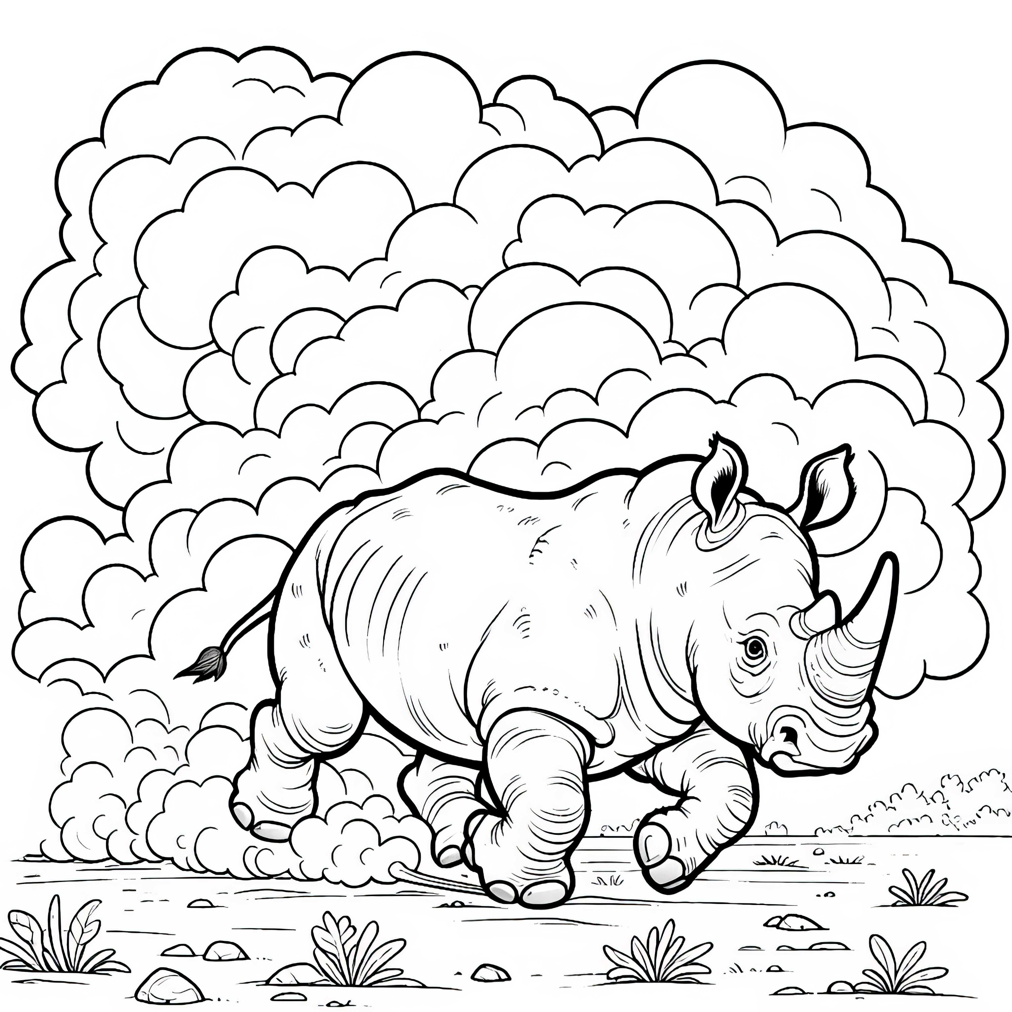 Um rinoceronte corre por uma planície empoeirada e levanta areia - desenho para colorir grátis Um rinoceronte está correndo por uma planície empoeirada e levantando areia - Modelo para colorir gratuito