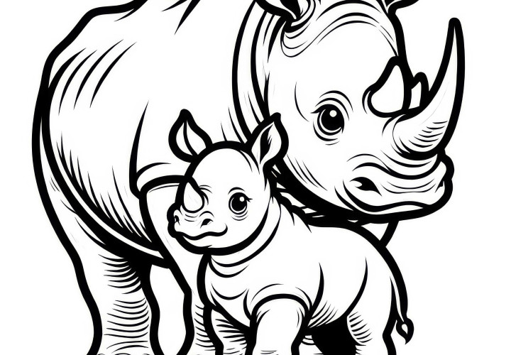 Младенец носорога держится близко к своей матери – Бесплатная раскраска