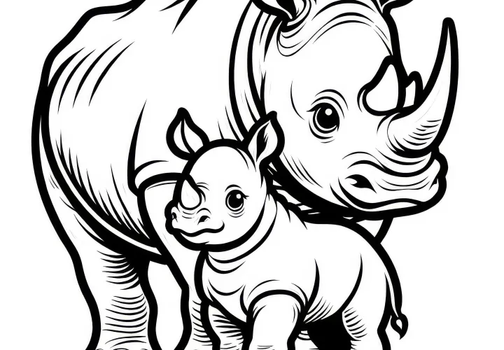 O filhote de rinoceronte fica bem ao lado de sua mãe - Desenho para colorir gratuito