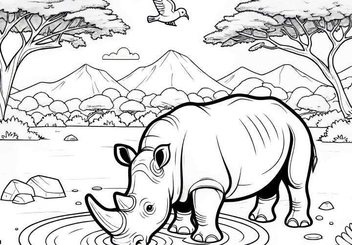 Носорог пьет из водоема, пока вокруг него летают птицы – раскраска бесплатно