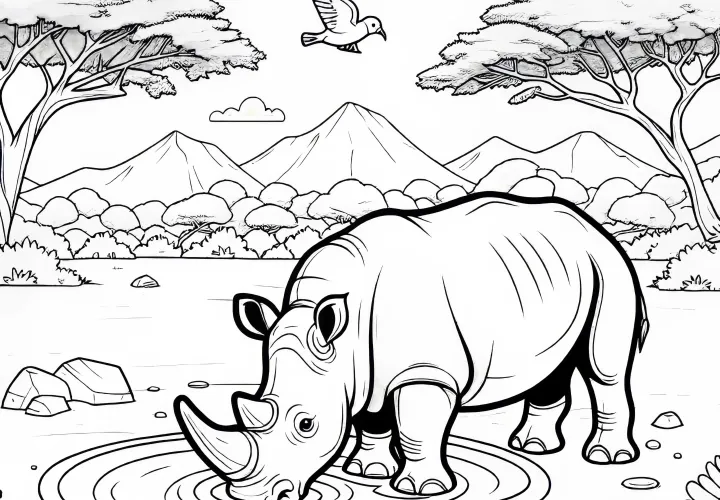Rinoceronte bebe de um poço de água enquanto pássaros voam ao seu redor – Desenho para colorir grátis