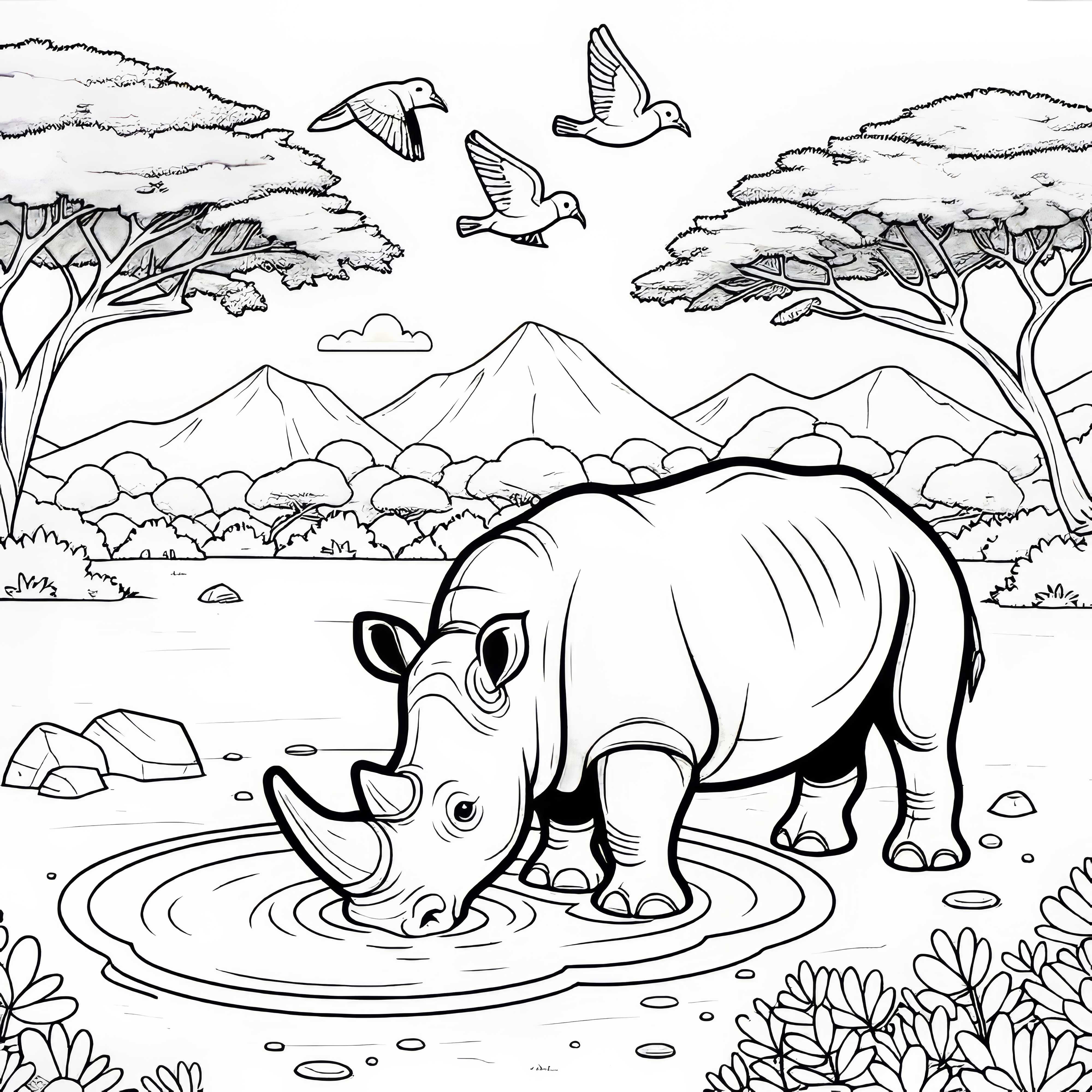 Gergedan su birikintisinden su i&ccedil;iyor, etrafında kuşlar u&ccedil;uyor &ndash; &Uuml;cretsiz boyama sayfası