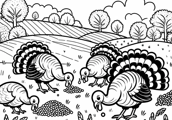 Grup hindiler, çimenlikte taneleri gagalıyor - Ücretsiz boyama sayfası