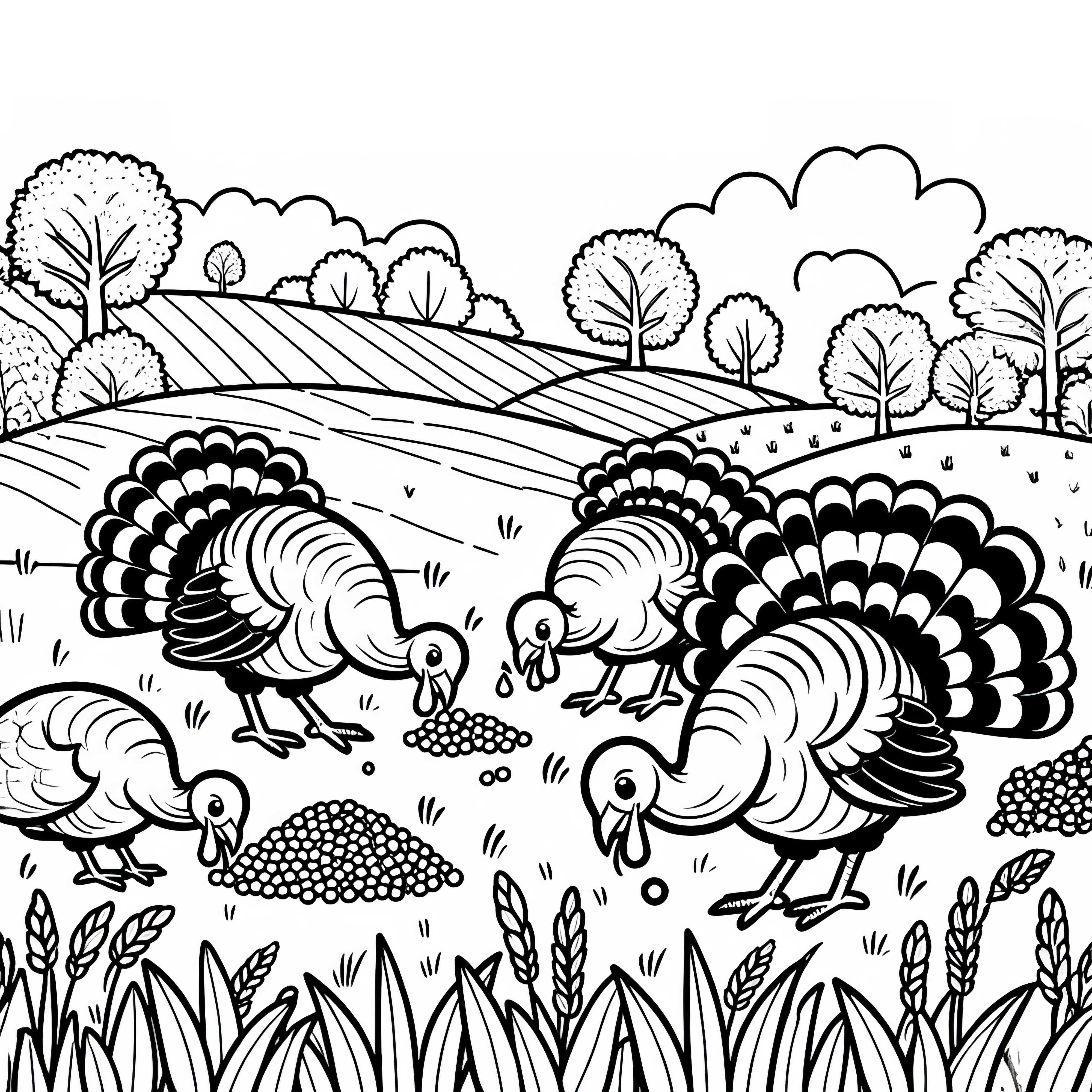 Grupo de perus bica gr&atilde;os na grama &ndash; Desenho para colorir gratuito