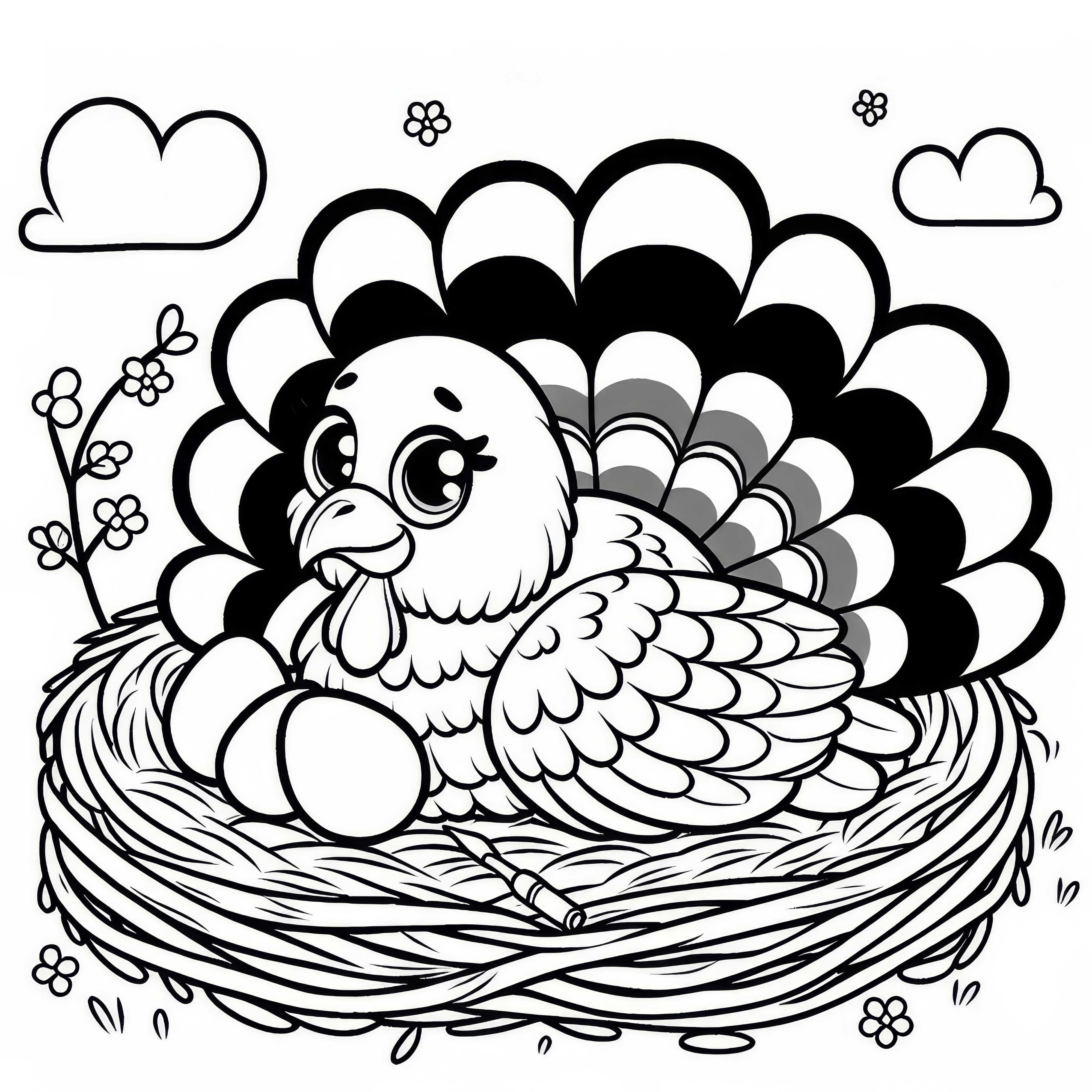 칠면조가 둥지에 편안하게 앉아 알을 지키고 있다 - 무료 색칠하기 이미?
