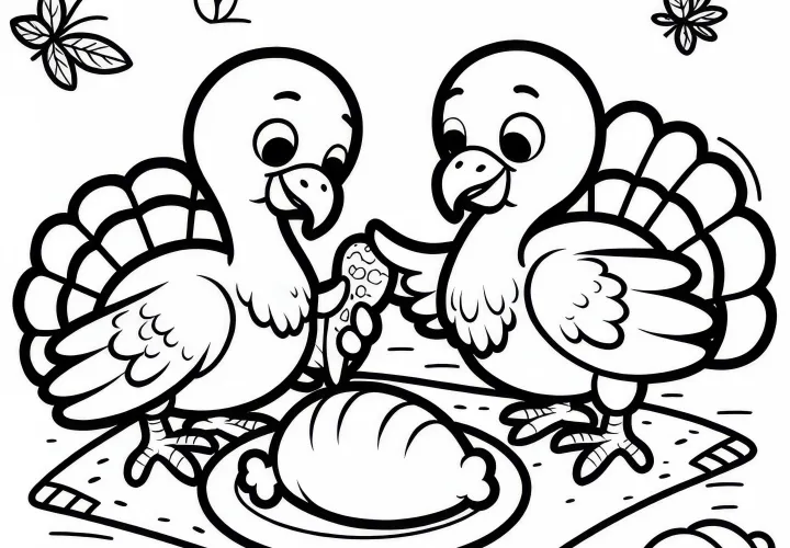 İki hindi, bir parça yem için oyun oynarcasına tartışıyor - Ücretsiz boyama sayfası