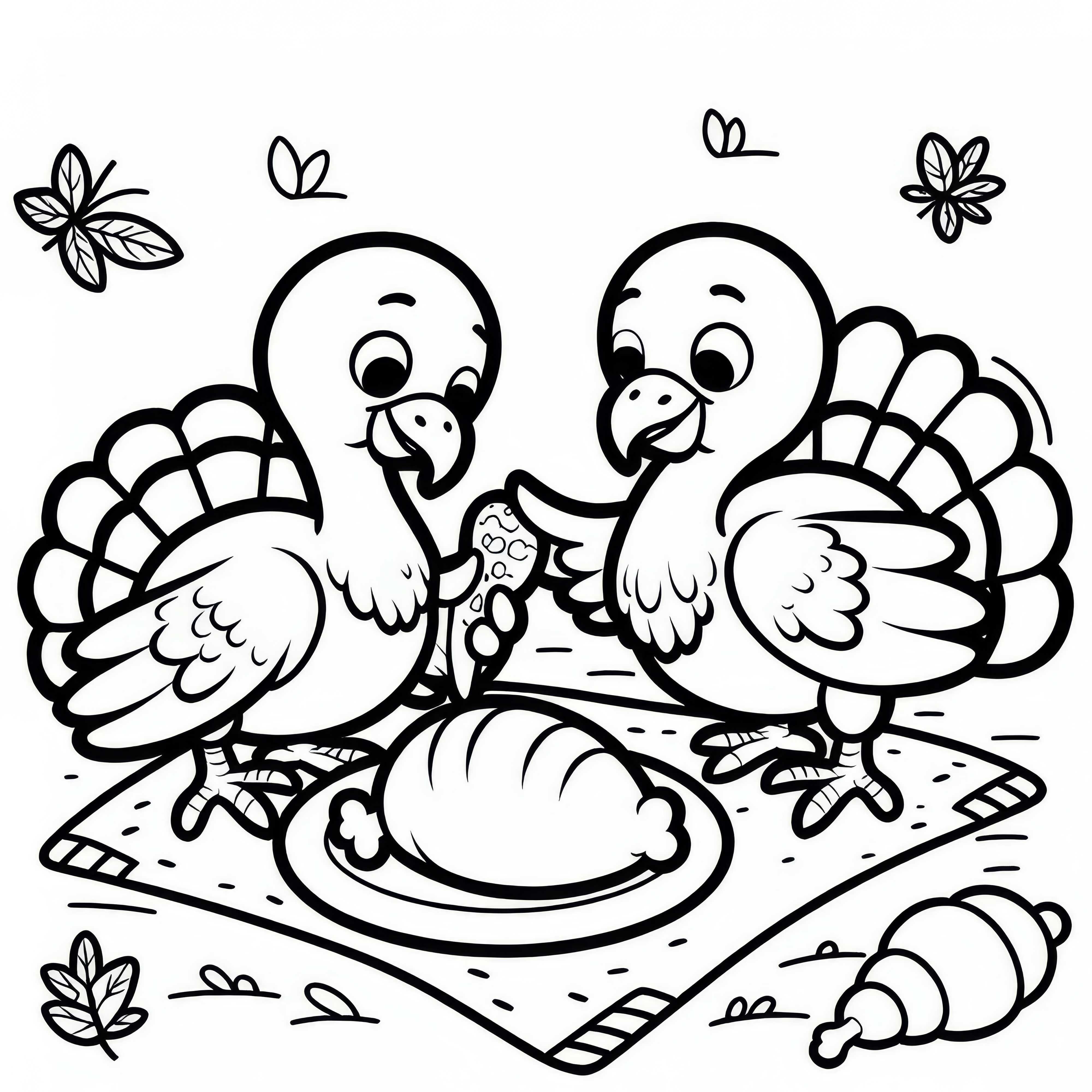 Zwei Puten streiten sich spielerisch um ein St&uuml;ck Futter &ndash; Malvorlage kostenlos