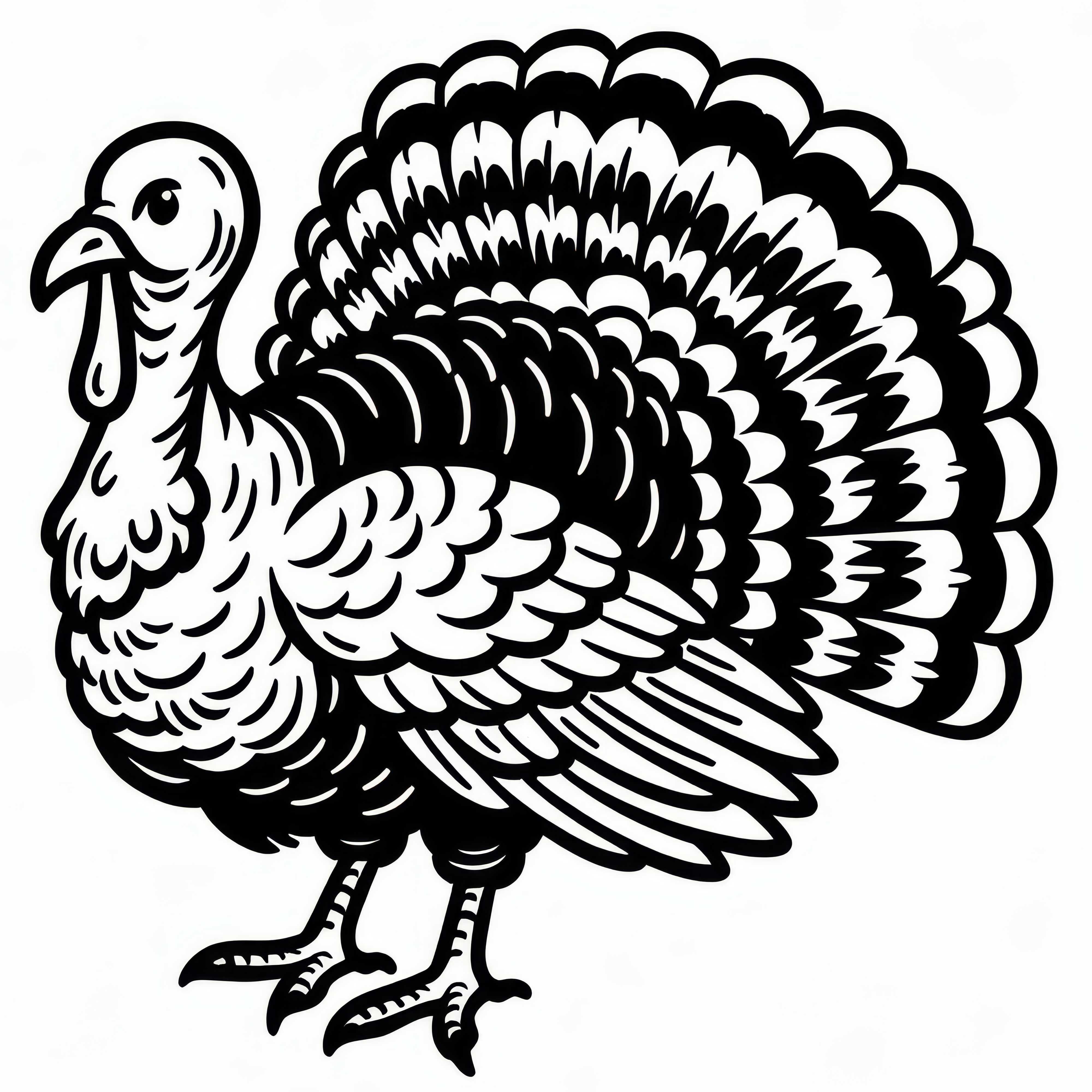 Stolzer Truthahn pr&auml;sentiert sein aufgef&auml;chertes pr&auml;chtiges Federkleid &ndash; Malvorlage kostenlos