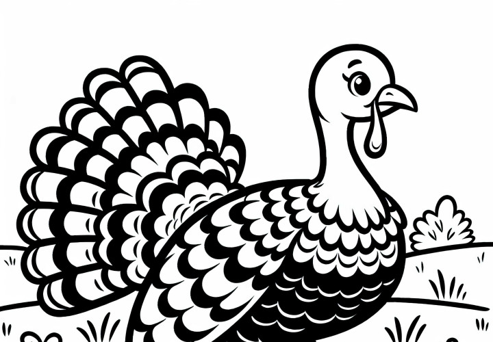 Kalkunen marsjerer med høyt hevet hode over marken – gratis fargelegging