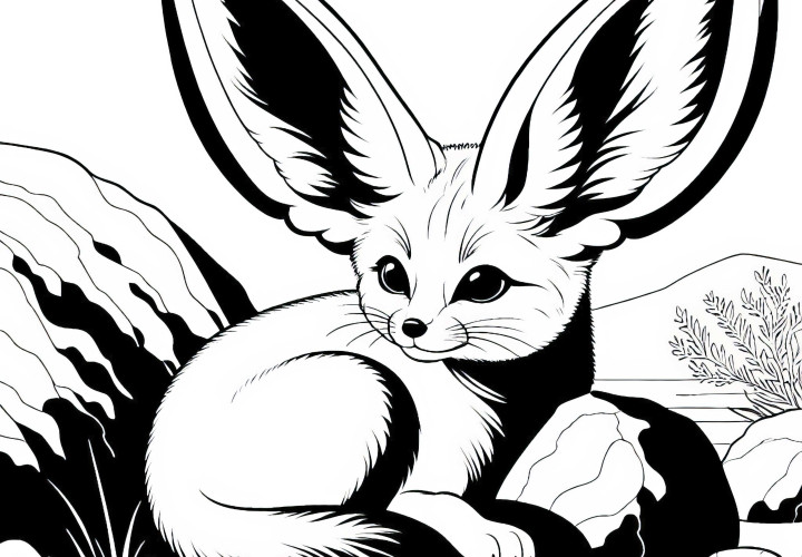 Ørkenræv med store ører hviler i skyggen af en klippe – Malebillede gratis