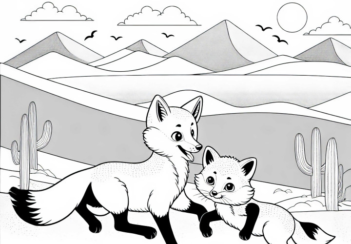 To forskellige ørkenræve leger sammen i ørkenen – Malebog gratis