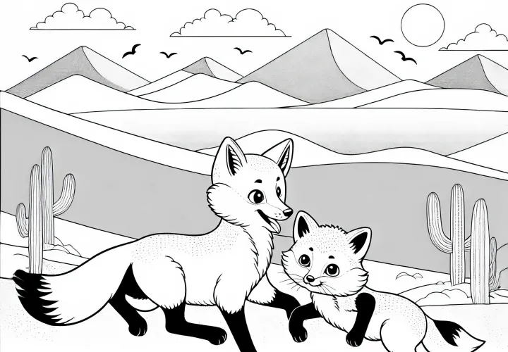 To forskellige ørkenræve leger sammen i ørkenen – Malebog gratis