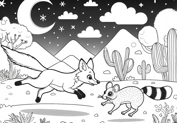 Ørkenræv jagter ørkenmus i måneskin – Malebog gratis