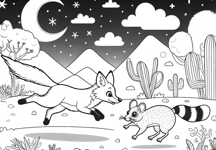 Ørkenræv jagter ørkenmus i måneskin – Malebog gratis