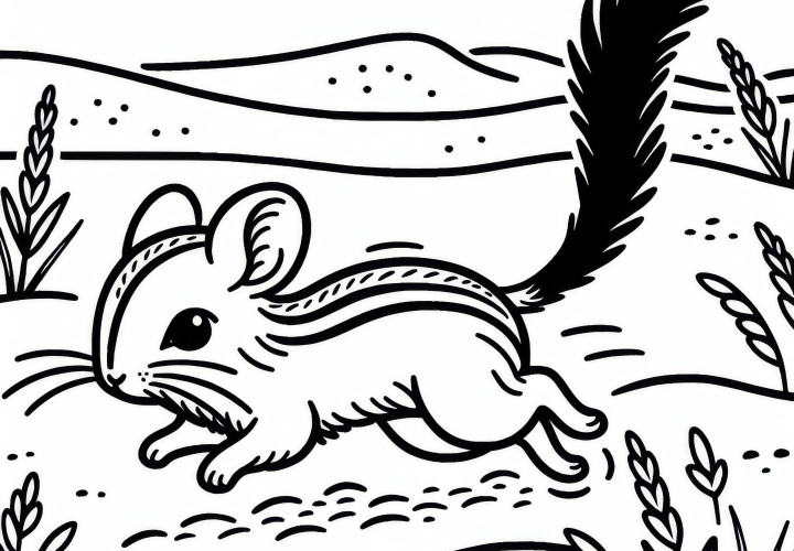 En ørkenspringmus hopper med utstrakt hale gjennom sanden – Fargeleggingsbilde gratis