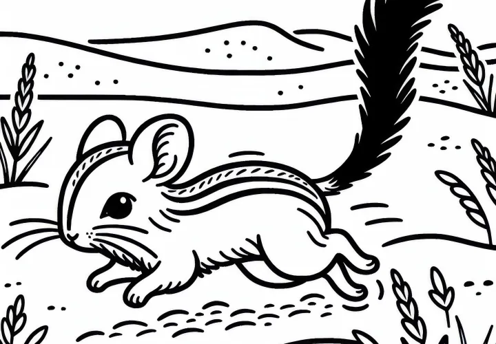 Песчаная мышь прыгает с вытянутым хвостом по песку – раскраска бесплатно