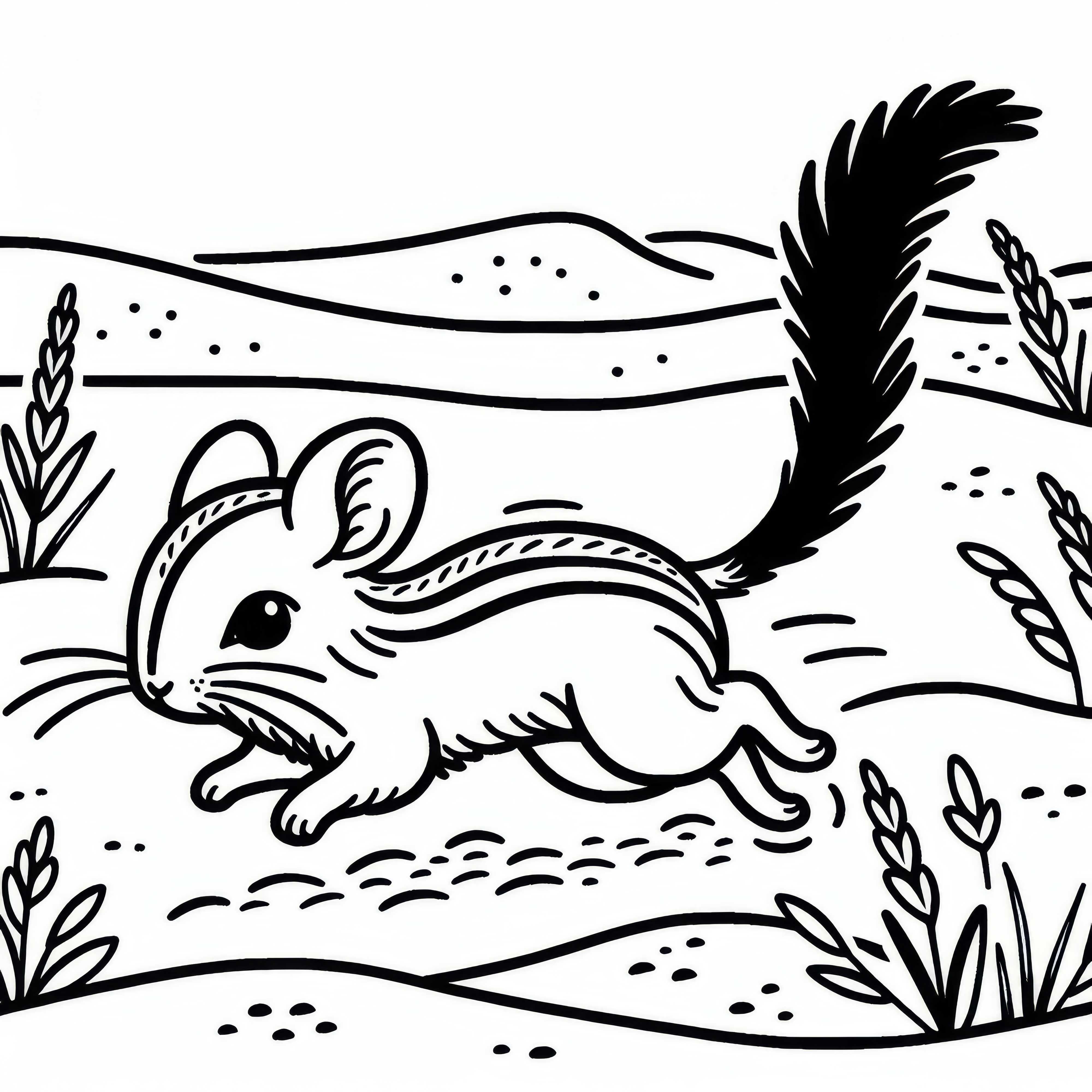 Eine W&uuml;stenspringmaus h&uuml;pft mit ausgestrecktem Schwanz durch den Sand &ndash; Ausmalbild gratis
