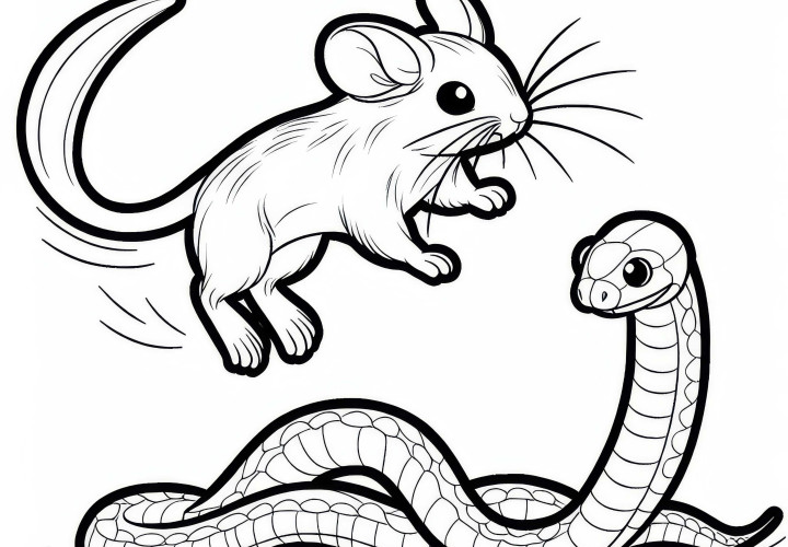 Ørkenmus hopper opp i luften for å unnslippe en slange – Gratis fargeleggingsbilde