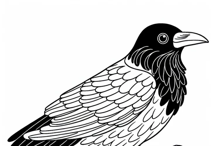 Desenho para colorir de um corvo - Corvo nebuloso em perspectiva